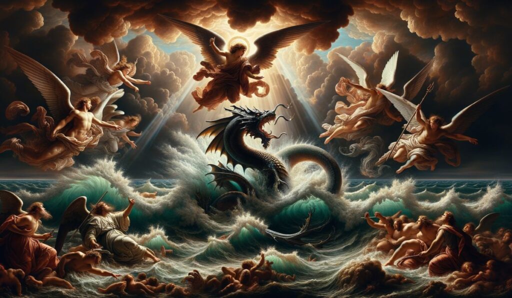 Ilustración de un Leviatan una criatura marina legendaria descrita en diversas mitologías y textos antiguos como un ser monstruoso y poderoso en el océano
