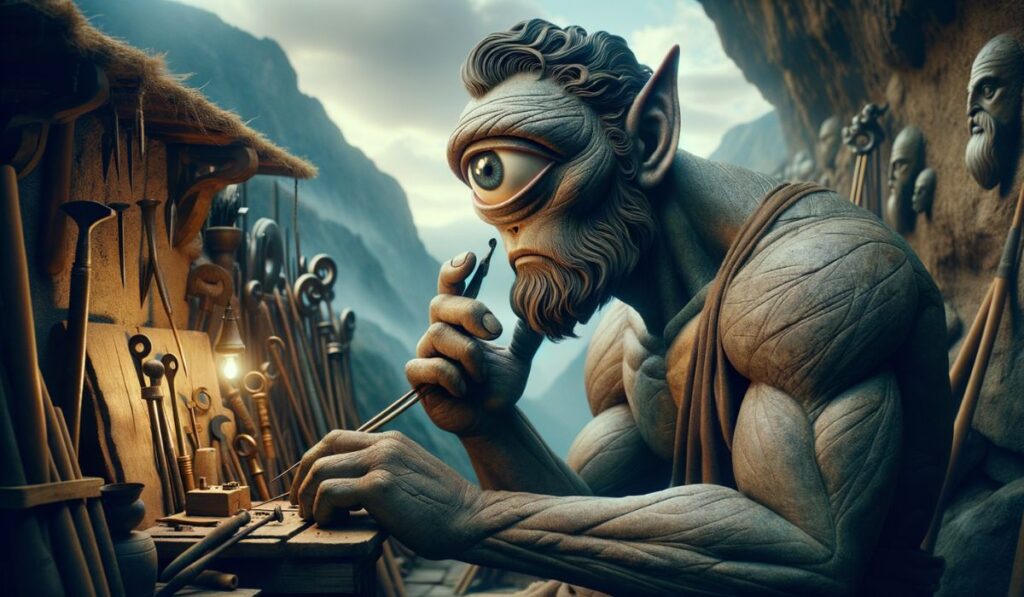 Dibujo detallado de un personaje mitologico con expresión concentrada trabajando 