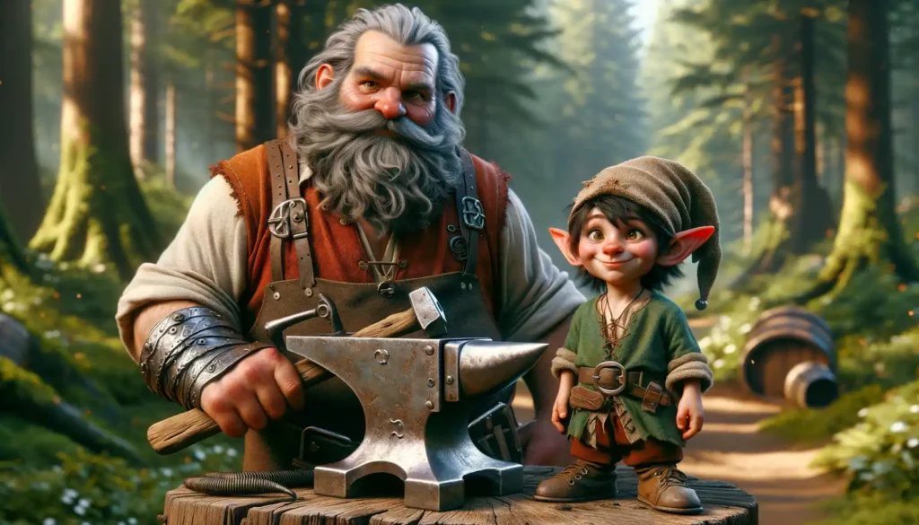 imagen de un señor enano con un niño duende en el bosque