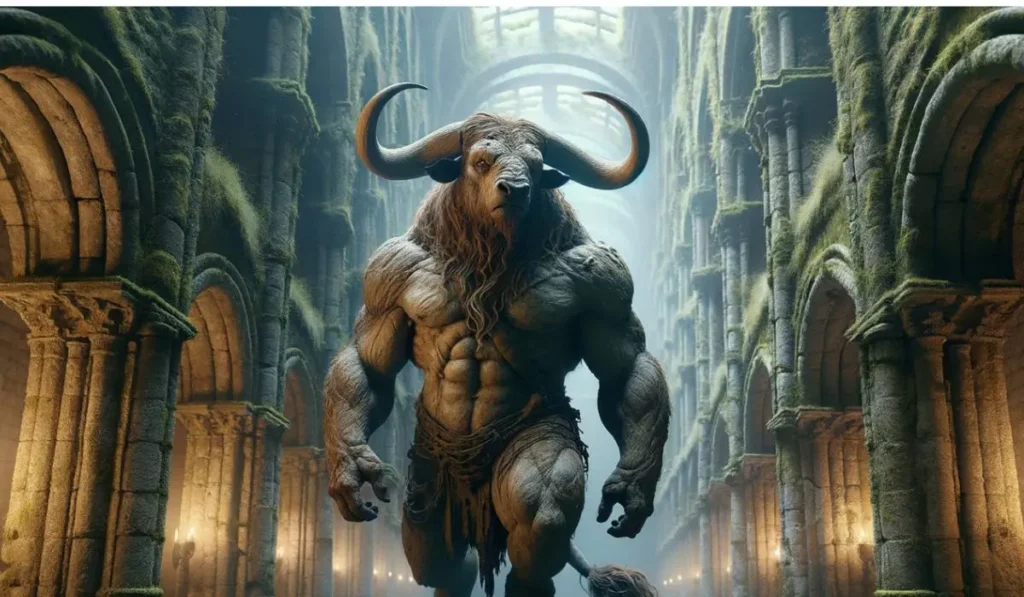 Impresionante imagen de un Minotauro en un laberinto antiguo, destacando su musculatura y melena bajo la suave luz del crepúsculo