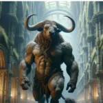 Impresionante imagen de un Minotauro en un laberinto antiguo, destacando su musculatura y melena bajo la suave luz del crepúsculo