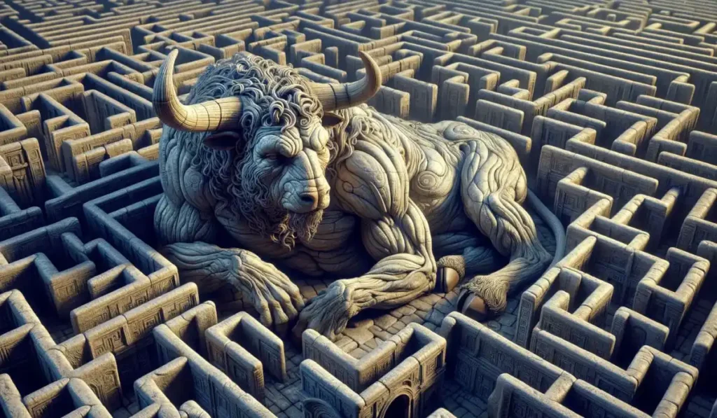 Ilustración representativa del laberinto del Minotauro, estructura mitológica en la que la criatura habitaba según la leyenda griega