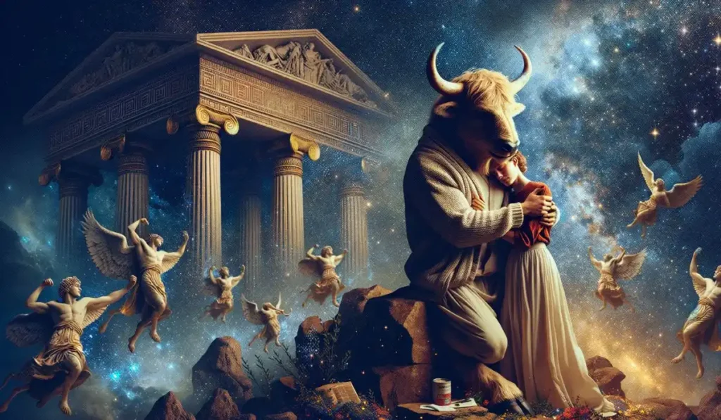Representación visual de la leyenda del Minotauro, criatura mitad hombre y mitad toro, encerrada en el laberinto de Creta, donde una mujer humana se enamora de un toro